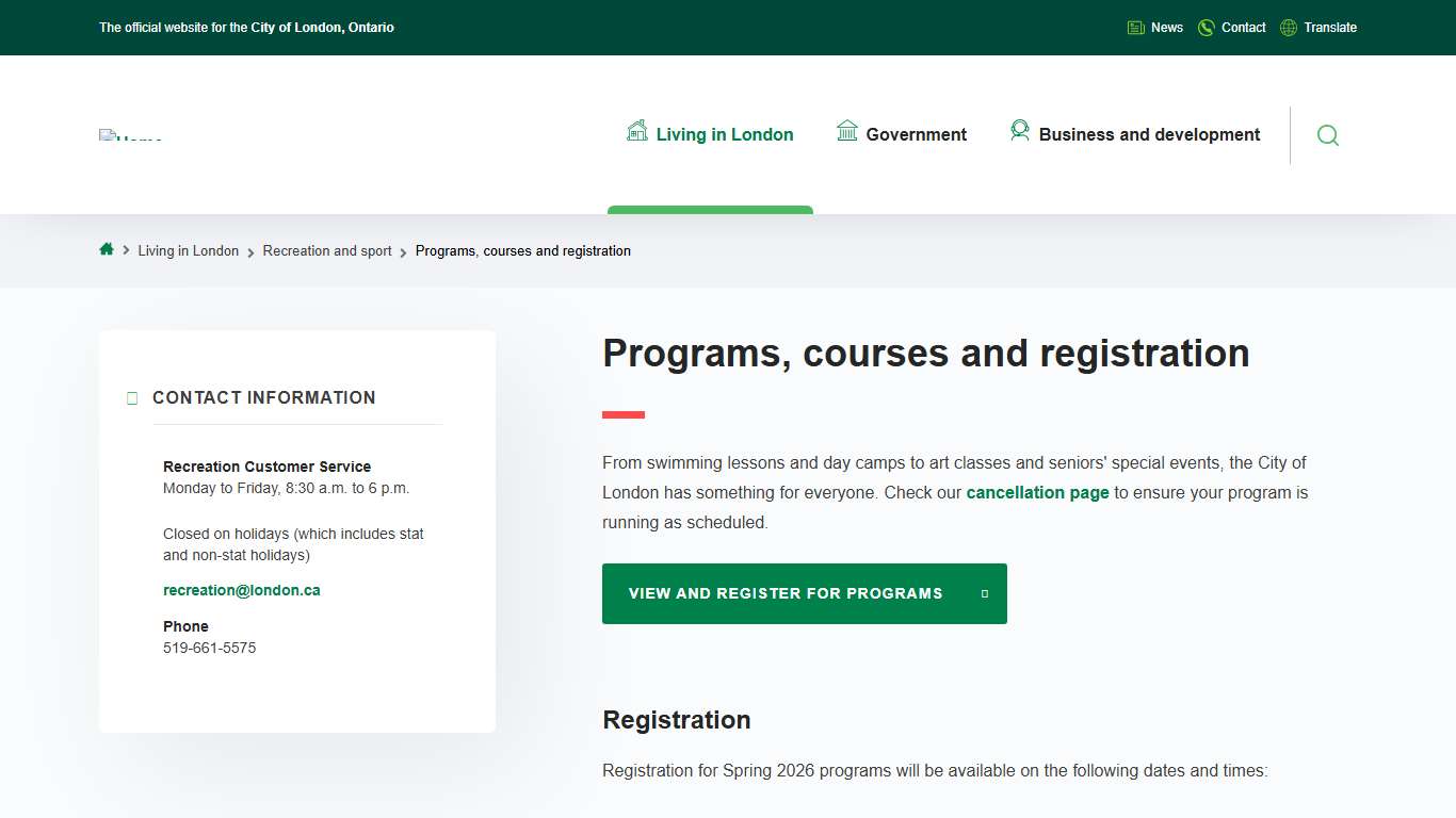 Programs, courses and registration City of London
